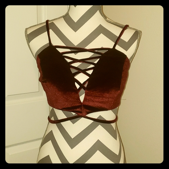 Fashion Nova Tops - Fashion Nova Burgundy Velvet Cross Front Bralette